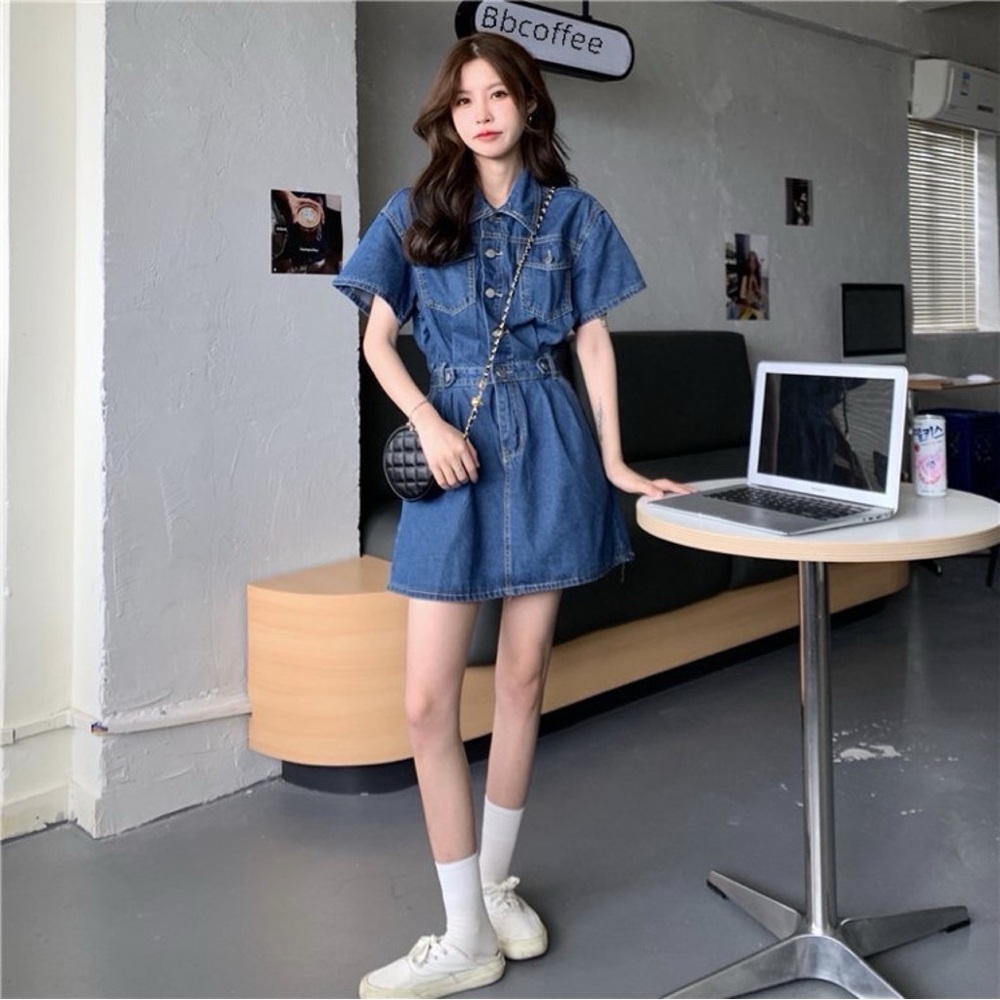 Blue Denim Mini Collared Button-Up Dress - Picture 9 of 11